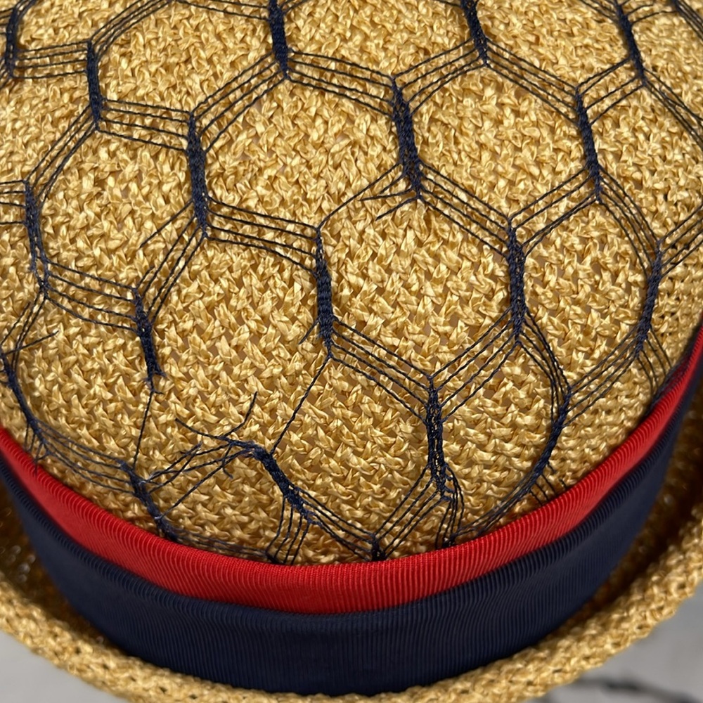 Jan Leslie Vintage Boater Hat Straw Red & Blue Grosgrain Ribbon Band Tassel Net - Picture 3 of 8